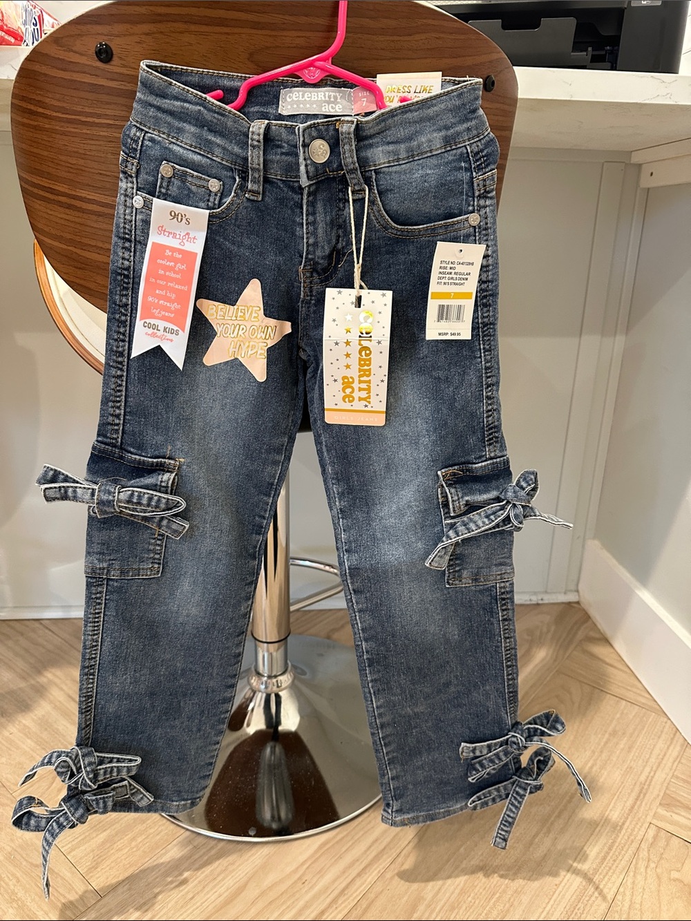 Girls' Celebrity Ace Dark Wash Blue Jeans with Bow Detail Size 7